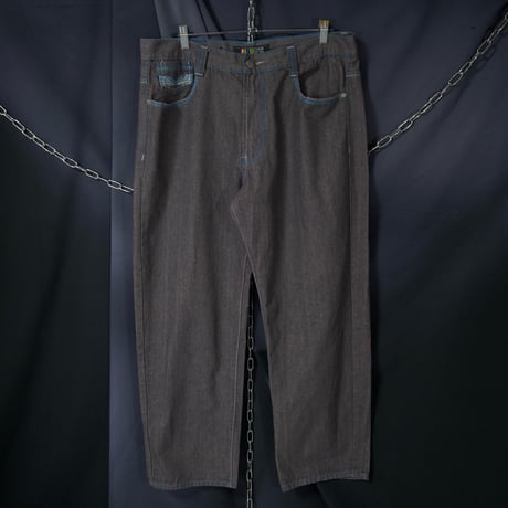 JINZU W38L30 Turquoise blue Embroidery Stitched Dark Grayish Red Baggy Denim