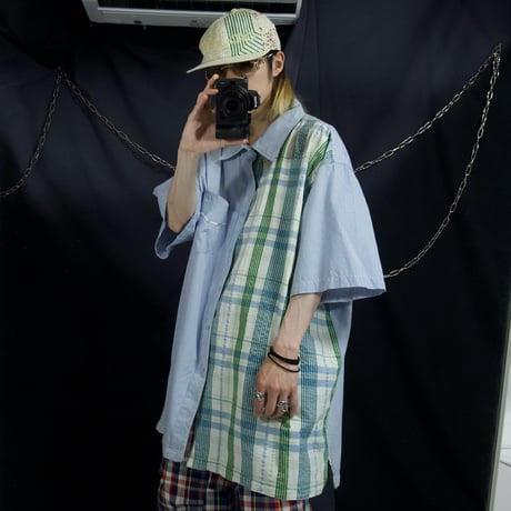 PellePelle Asymmetry London Stripe Border Madras Check Seersucker Switch 3XL S/S Shirts