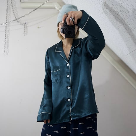 “Grunge Spice” USED Pure Silk Plain Teal Green L/S Pajama Shirts