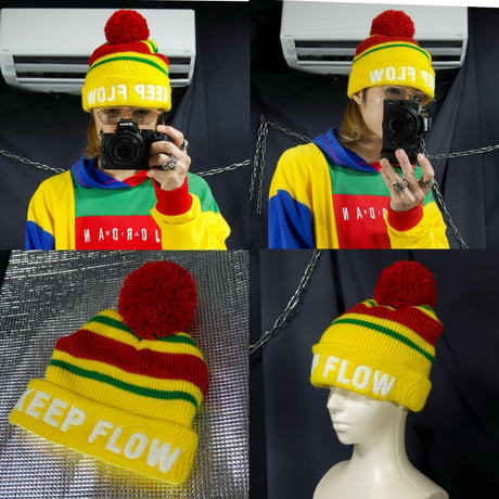 USED Raster Color Border Embroidery Acrylic Bonbon Knit Cap