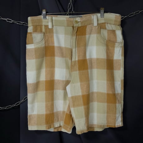 90s BUDABEAN Stitch work Patches Check Cotton Linen Baggy Shorts