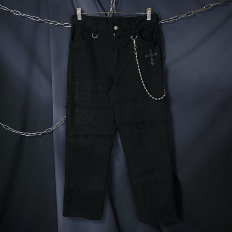 SLASH NUMBER Cross Fracture Barbed Wire TSUGIHAGI Fringe CutOff Design Pants