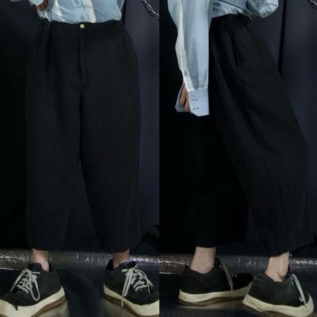 90s HARVE BENARD Black Linen Two-Darts Wide Tapered Cropped Slacks/Easy Pants