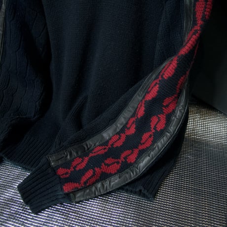 90s Michael Gerald Kiss marks Leather Switched Drop Shoulder Oversized Acrylic Knit Cardigan