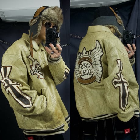 90s~00s RAWBLUE “Junk” All Embroidery Cross Emblem Patches PU Leather Stadium Jacket