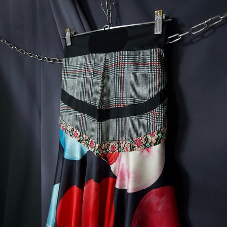 14AW TSUMORICHISATO Moon Dots GlenCheck Flower FullGraphic Silk 100% Tucks Flare Draping Midi Skirts