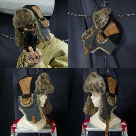 USED PU Leather 3tone Patchwork Quilting Fake Fur Flight Cap