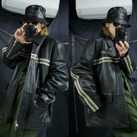 TOMMY HILFIGER Racing Design Side&CenterLine Oversized LambLeather Sports Jacket/Single Riders