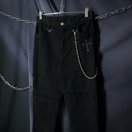 SLASH NUMBER Cross Fracture Barbed Wire TSUGIHAGI Fringe CutOff Design Pants