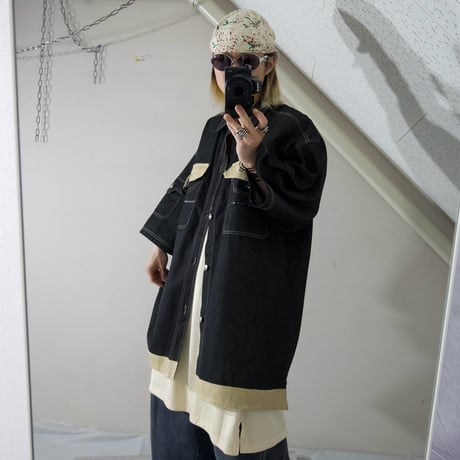 THE BARE FOX Rubber Switching Super Oversized S/S Denim Shirts