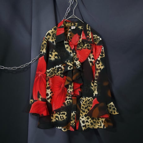 Euro USED Leopard×Flower Flare Sleeves 7/S Open Collar Frill Shirts