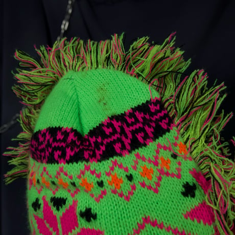 USED Mohawk Cyber Neon Color Fringe Ear Bird’sEye FairIsle Knit Cap