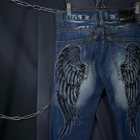 K&M Jeans KOSMO MODA Feathers Embroidery Silver Stitched Wash Denim