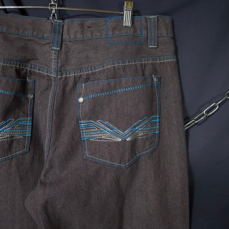 JINZU W38L30 Turquoise blue Embroidery Stitched Dark Grayish Red Baggy Denim