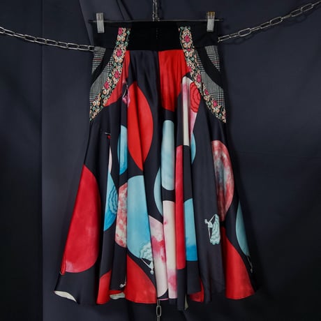 14AW TSUMORICHISATO Moon Dots GlenCheck Flower FullGraphic Silk 100% Tucks Flare Draping Midi Skirts