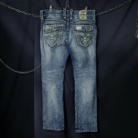 Rock Revival Fleurdelis Embroidery Orange Selvage Camouflage Switch Loose Straight Damage Wash Denim