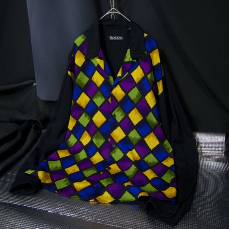 90s BUONUOMO USA Made Gradation Diamond Check Rayon100% L/S Open Collar Shirts