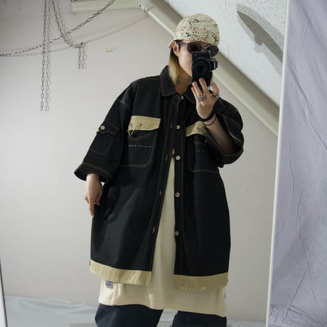 THE BARE FOX Rubber Switching Super Oversized S/S Denim Shirts