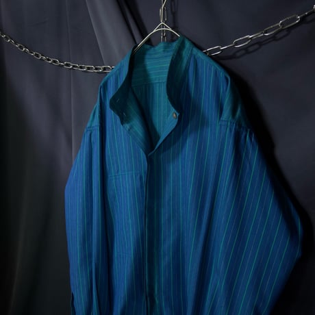 USED Fabric Italy Fake Reversible Pure Cotton Chalk Stripe Graduation Emerald Band Collar L/S Shirts