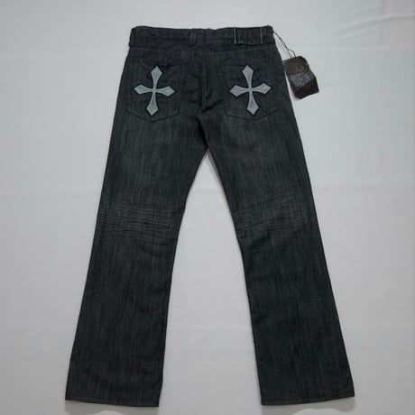 Deadstock HELIX Fade Washing Cross Embroidery BootsCut Black Denim