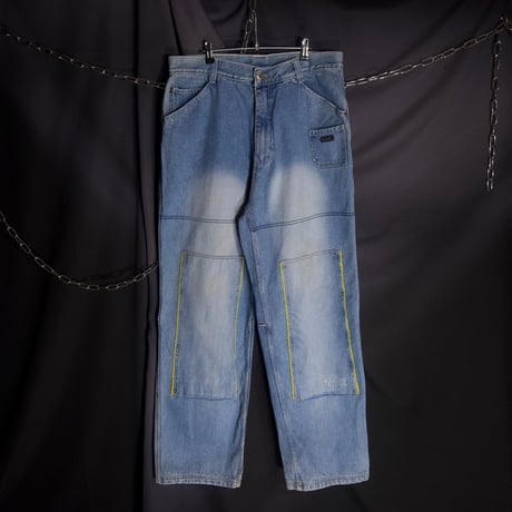 AllAmericanCity Russia made Washed Double Knee Embroidery Denim Baggy Pants