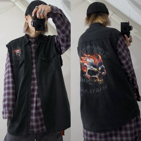 00s Ocean City Maryland Biker Skull Design Cutoff No Sleeves Denim Shirts