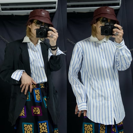 90s Polo by Ralph Lauren “None Pony Embroidery” Regatta Stripe Horizontal Collar L/S Clerical Shirts