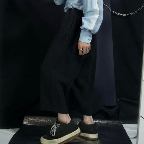 90s HARVE BENARD Black Linen Two-Darts Wide Tapered Cropped Slacks/Easy Pants