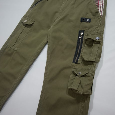 USED Multi Pockets & Zippers Gimmick Check Design Cargo Pants