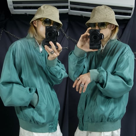 90s HARRY KAYN Smoky Emerald Silk MA-1 type Box silhouette Bomber Jacket