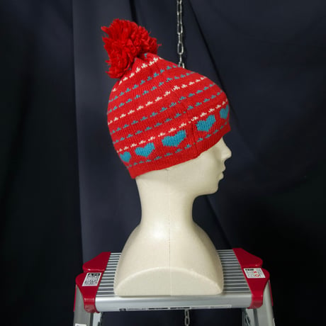 OBERMEYER Birds Eye Hearts Border Acrylic Wool BonBon Knit Cap