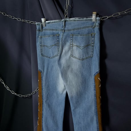 LazerJeans Side Fake Suede Leather Lace-Up Low Rise Wash Flare Denim