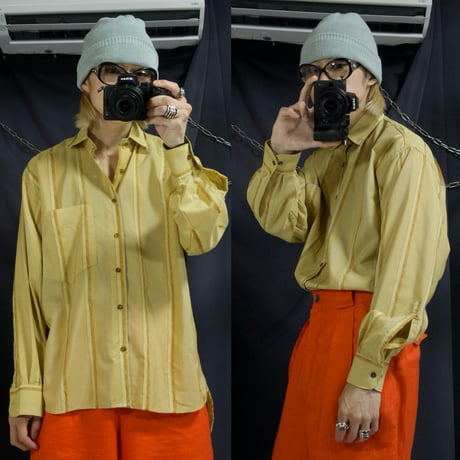 c1990~ Deadstock PINGPONG Italy made Multi Stripe Lily Embroidery Rayon L/S Shirts