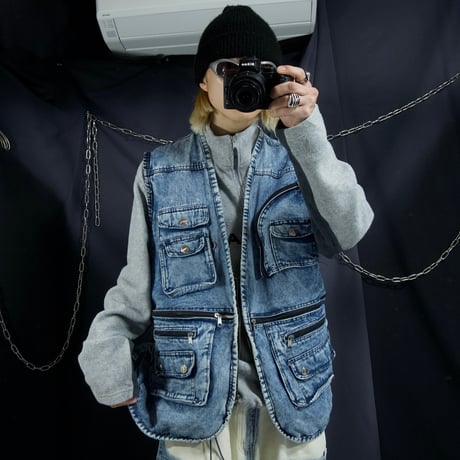 USED Chemical Wash Multi Pockets&Zipper Tech Gimmick Denim Vest