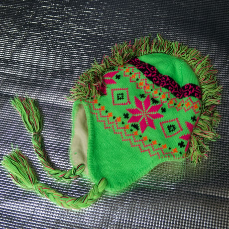 USED Mohawk Cyber Neon Color Fringe Ear Bird’sEye FairIsle Knit Cap