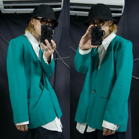 90s USA made NortonMcNaughton Rayon Turquoise Green Collarless Tailored Jacket