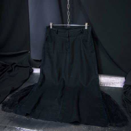 ELVA CAVALETTI Italy Made Black Linen Side Flower Lace Flare Skirt