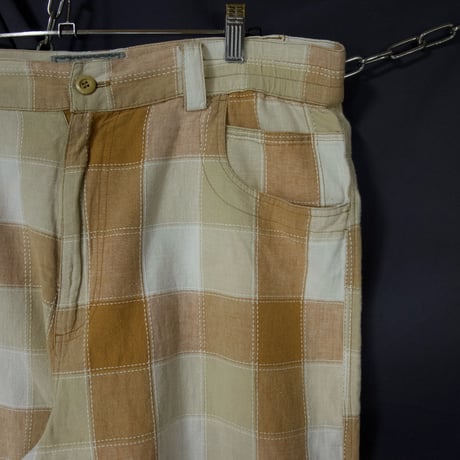 90s BUDABEAN Stitch work Patches Check Cotton Linen Baggy Shorts