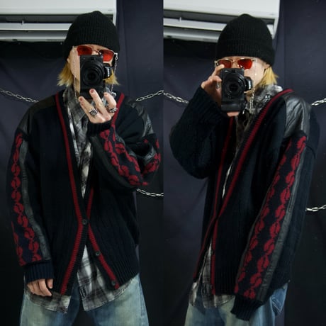 90s Michael Gerald Kiss marks Leather Switched Drop Shoulder Oversized Acrylic Knit Cardigan
