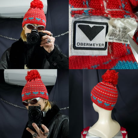 OBERMEYER Birds Eye Hearts Border Acrylic Wool BonBon Knit Cap