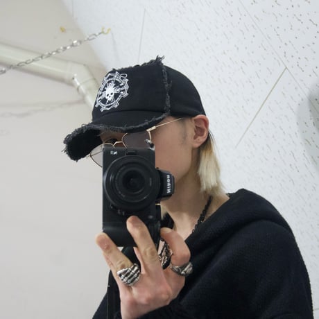 USED Skull Embroidery Fringe Denim Mesh Cap
