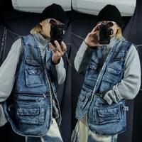 USED Chemical Wash Multi Pockets&Zipper Tech Gimmick Denim Vest