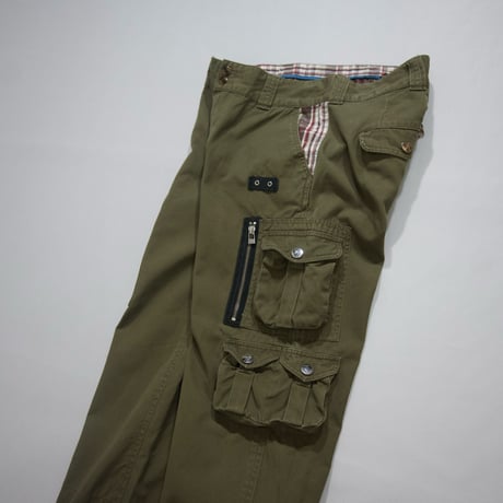 USED Multi Pockets & Zippers Gimmick Check Design Cargo Pants