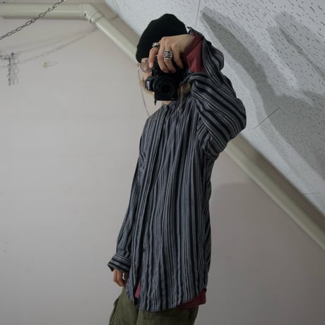 USED “Punk Spice” Monotone Stripe Band Collar Rayon L/S Shirts