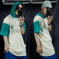 90s USA made L.A. SPORTSWEAR Off White×Turquoise Green Bi-Color Company Logo S/S Hoodie Tee