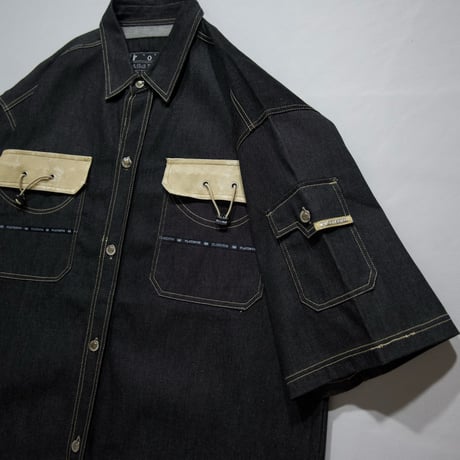 THE BARE FOX Rubber Switching Super Oversized S/S Denim Shirts