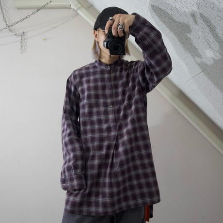 50s~60s ELTVA France made Vintage Band Collar Check Grandpa Smock Shirts