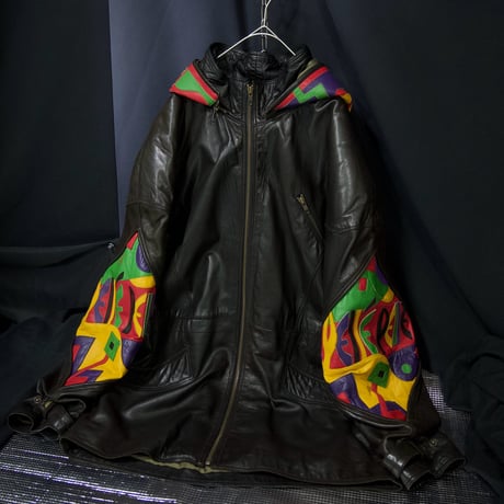 90s Marc Buchanan Pelle Pelle Dolman Sleeve Multi Color Embroidery Leather Jacket/Mountain Hoodie
