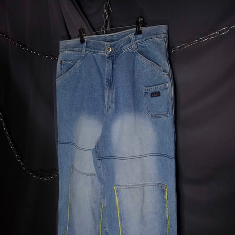 AllAmericanCity Russia made Washed Double Knee Embroidery Denim Baggy Pants