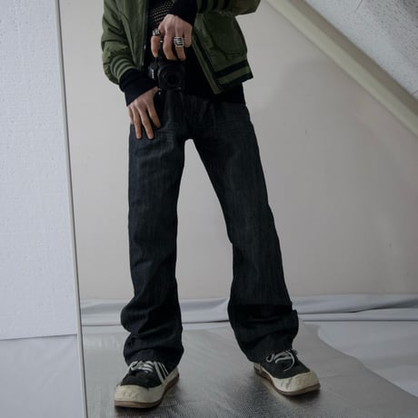 Deadstock HELIX Fade Washing Cross Embroidery BootsCut Black Denim